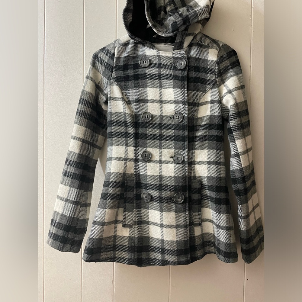 AEROPOSTALE-BLACK AND WHITE PLAID PEACOAT-SIZE XS